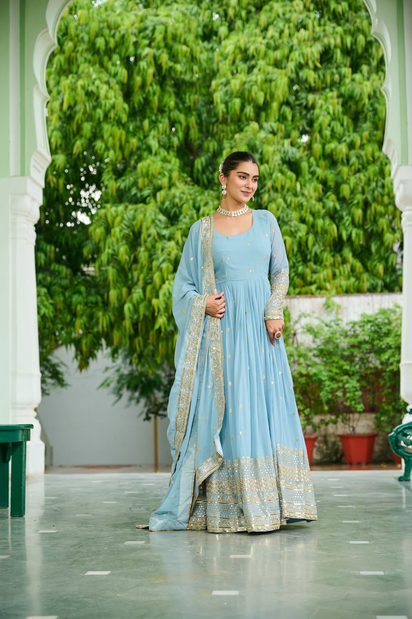 Lavender Faux Georgette With Embroidered Work Gown With Dupatta