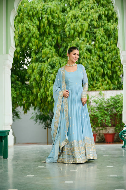 Lavender Faux Georgette With Embroidered Work Gown With Dupatta