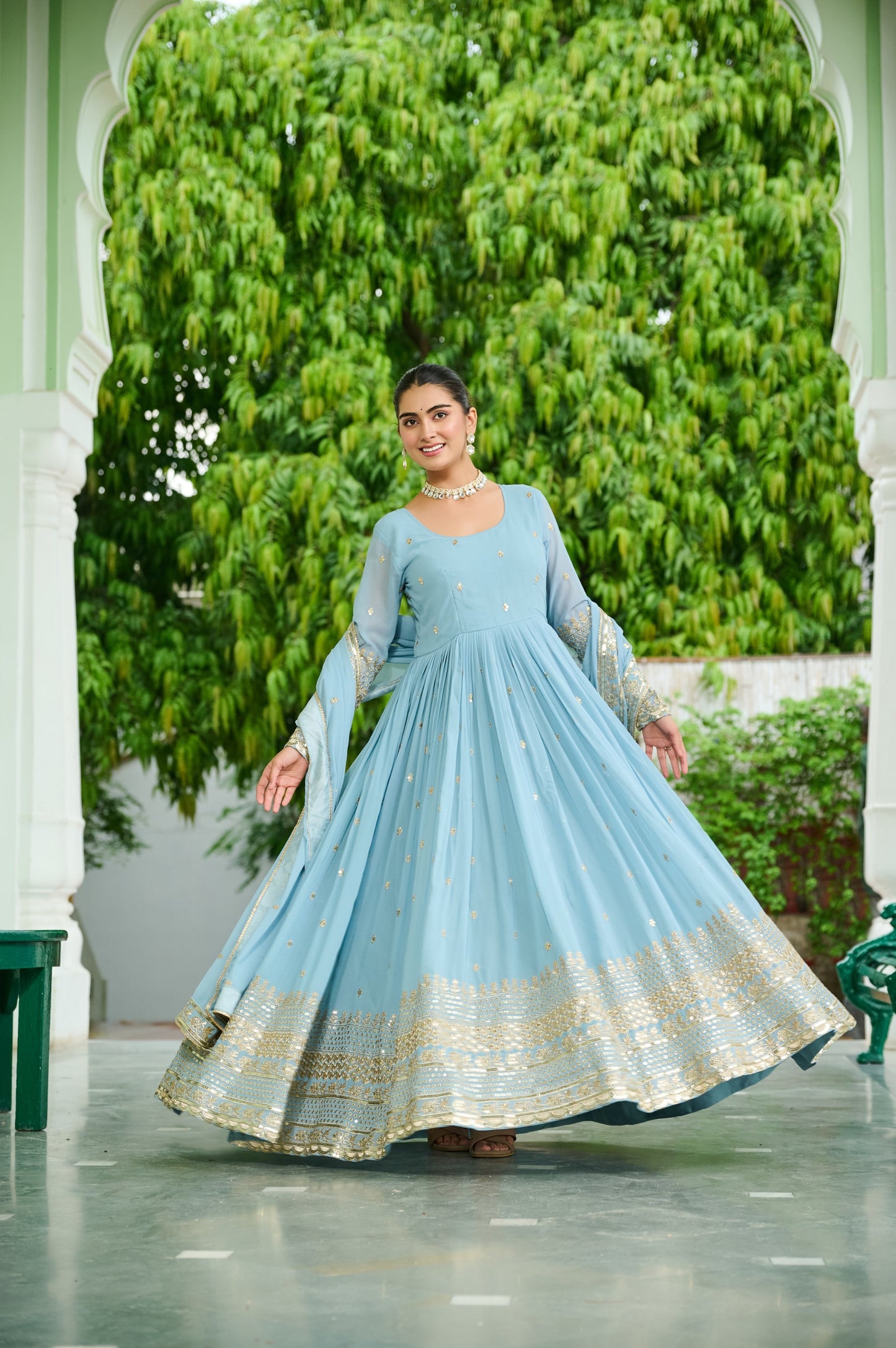 Lavender Faux Georgette With Embroidered Work Gown With Dupatta