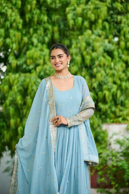 Lavender Faux Georgette With Embroidered Work Gown With Dupatta
