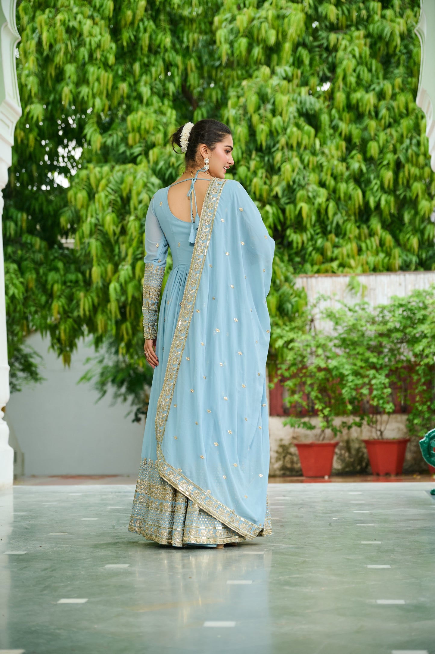 Lavender Faux Georgette With Embroidered Work Gown With Dupatta