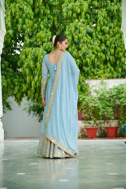 Lavender Faux Georgette With Embroidered Work Gown With Dupatta