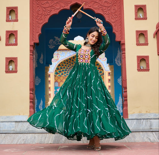 Green Laheriya Print with Kutchi Patchwork Gown