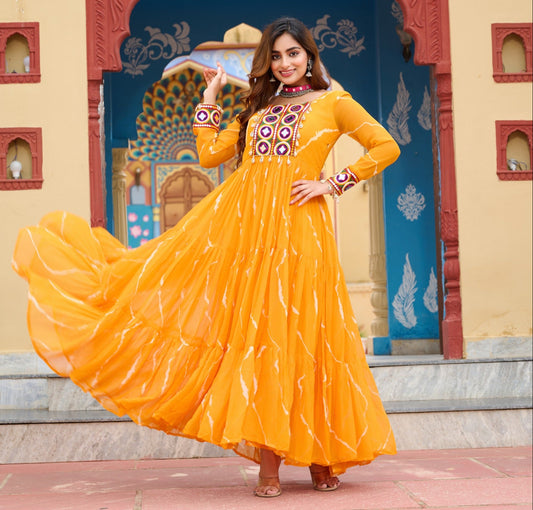 Yellow Laheriya Print with Kutchi Patchwork Gown
