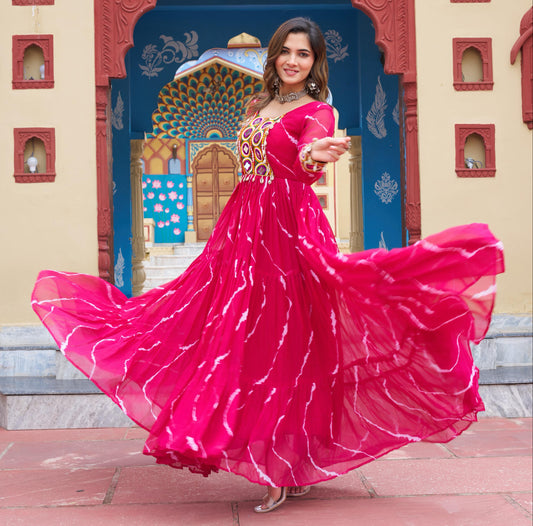 Pink Laheriya Print with Kutchi Patchwork Gown