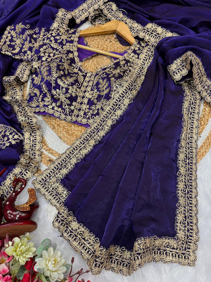 Purple Soft Space Silk  Embroidery Border Work Saree