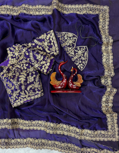 Purple Soft Space Silk  Embroidery Border Work Saree
