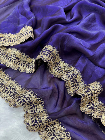 Purple Soft Space Silk  Embroidery Border Work Saree