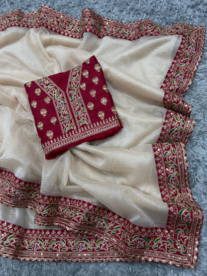Off White Soft Twill with Banarasi Crush Saree