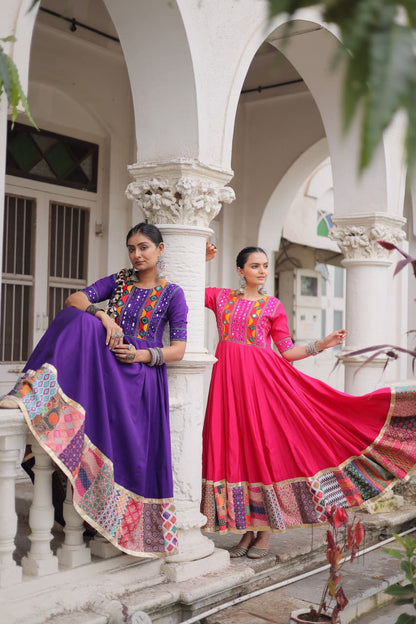 Pink Mirror Work & Maslin Crochet Print Work Gown