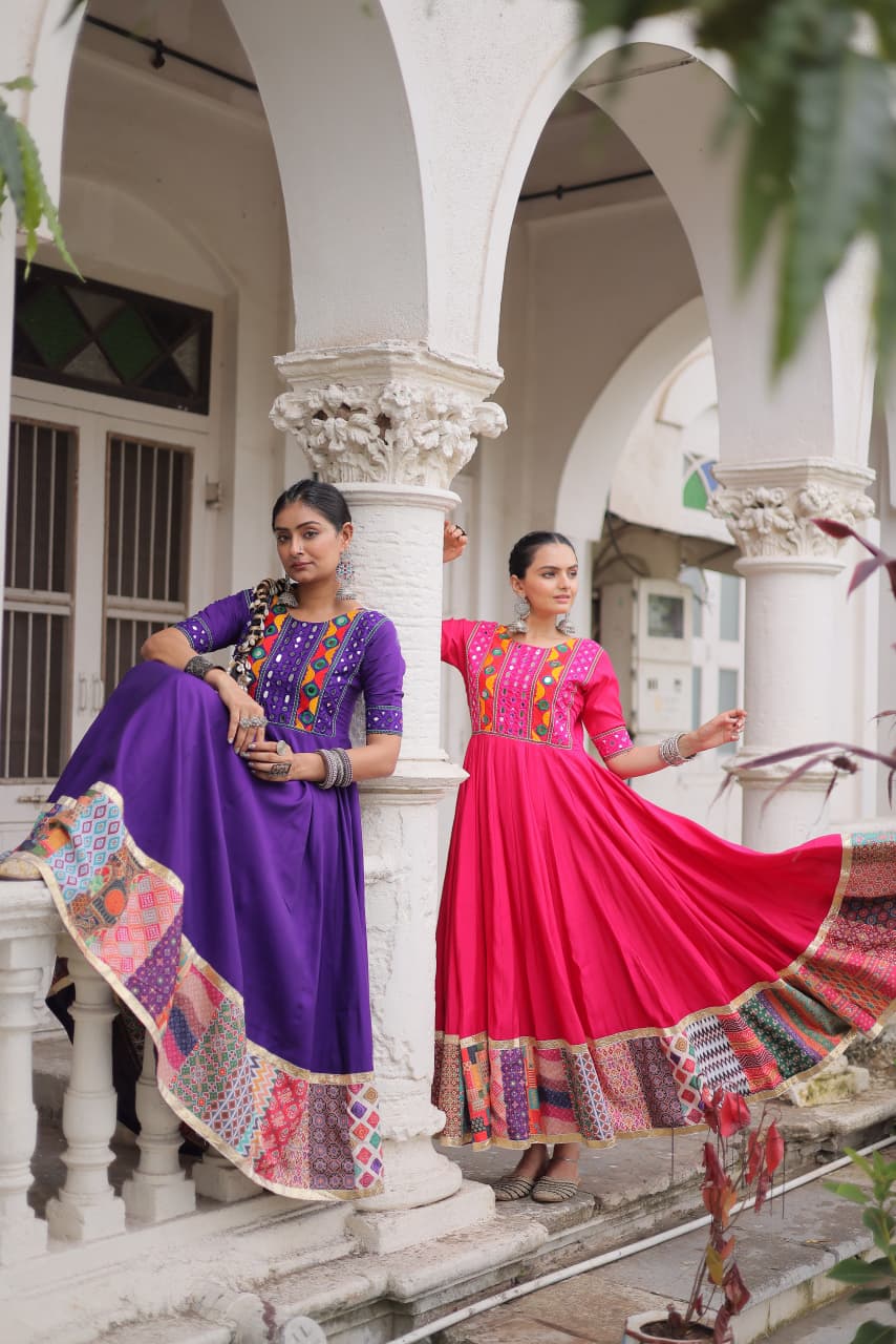 Purple Mirror Work & Maslin Crochet Print Work Gown