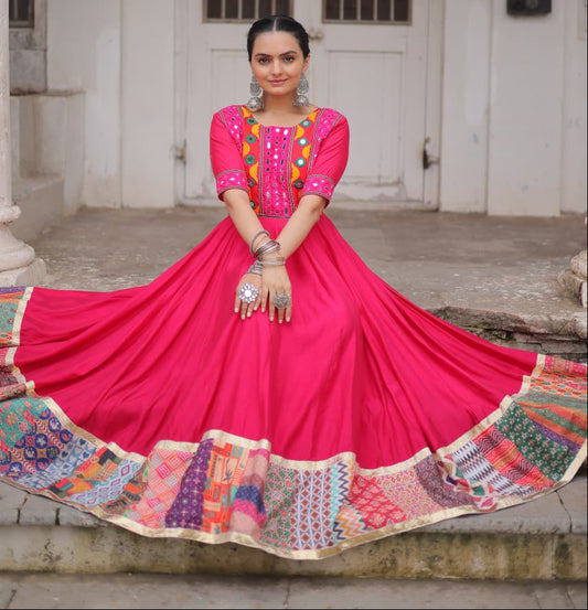 Pink Mirror Work & Maslin Crochet Print Work Gown