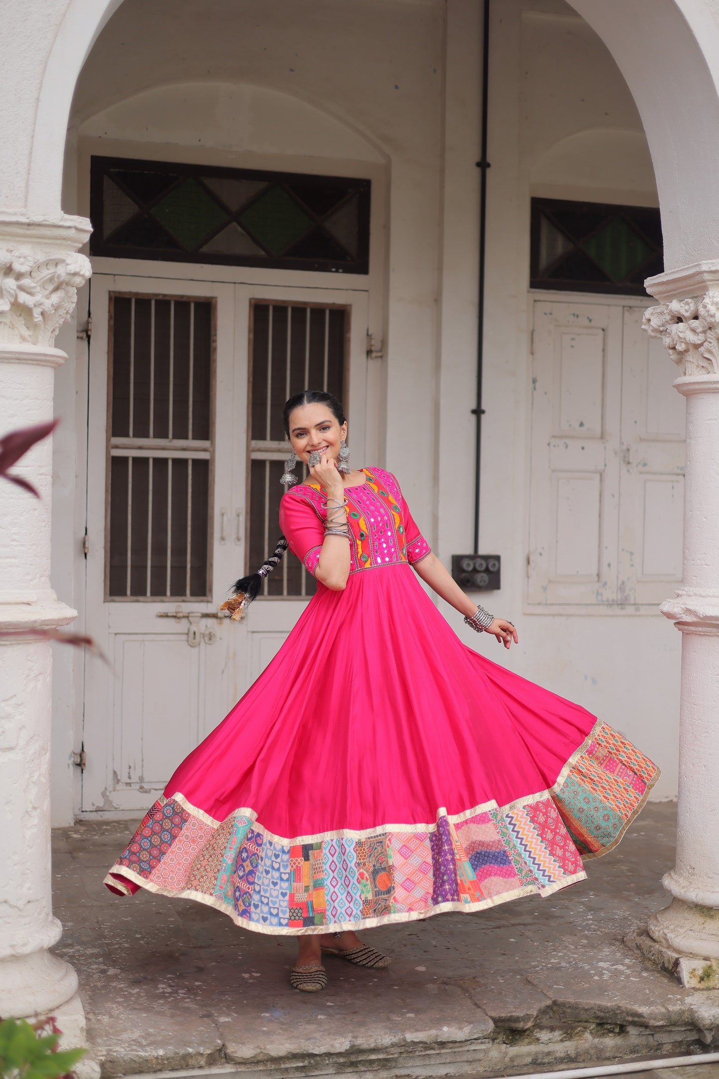Pink Mirror Work & Maslin Crochet Print Work Gown