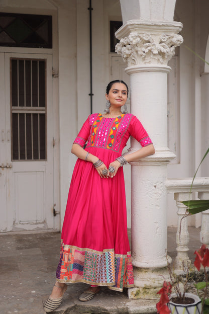 Pink Mirror Work & Maslin Crochet Print Work Gown