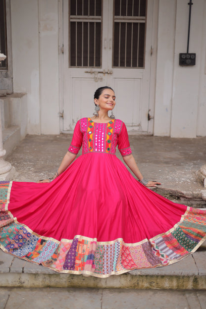Pink Mirror Work & Maslin Crochet Print Work Gown