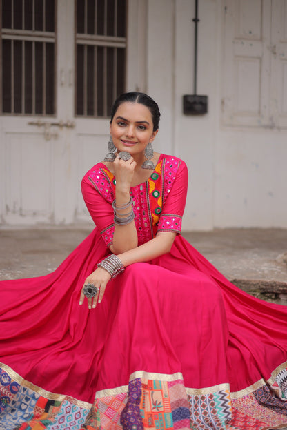 Pink Mirror Work & Maslin Crochet Print Work Gown