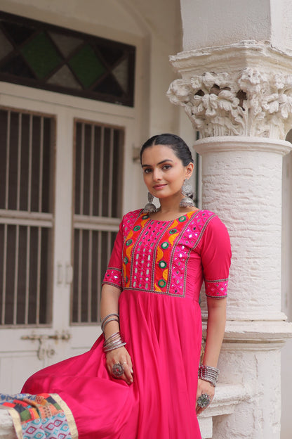 Pink Mirror Work & Maslin Crochet Print Work Gown