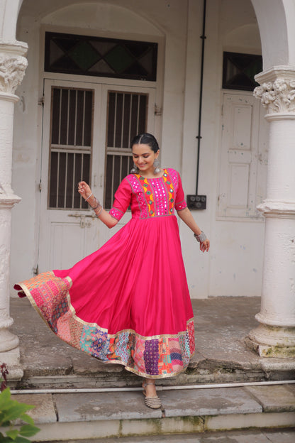 Pink Mirror Work & Maslin Crochet Print Work Gown