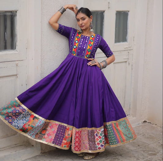 Purple Mirror Work & Maslin Crochet Print Work Gown