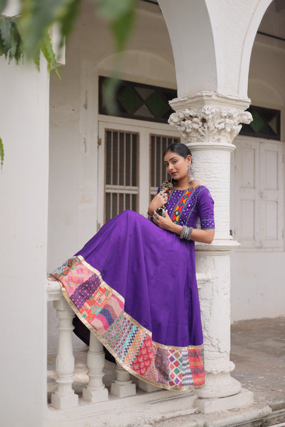 Purple Mirror Work & Maslin Crochet Print Work Gown