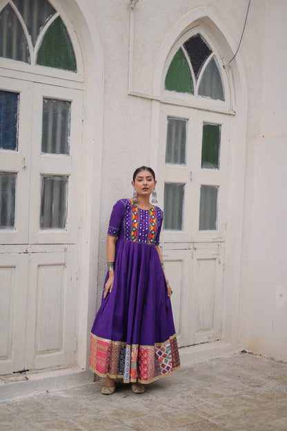 Purple Mirror Work & Maslin Crochet Print Work Gown