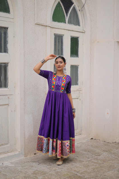 Purple Mirror Work & Maslin Crochet Print Work Gown