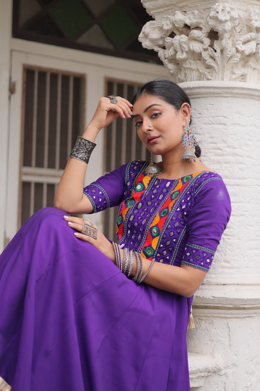 Purple Mirror Work & Maslin Crochet Print Work Gown
