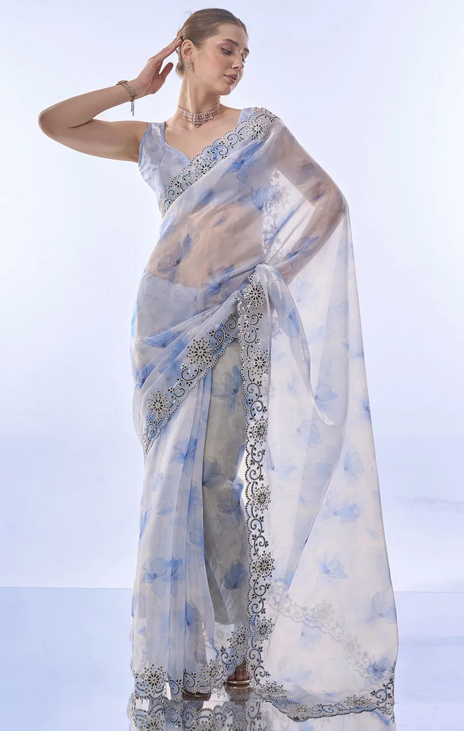 White & Blue  Soft Space Silk with Printed Sequins Embroidery Work Saree