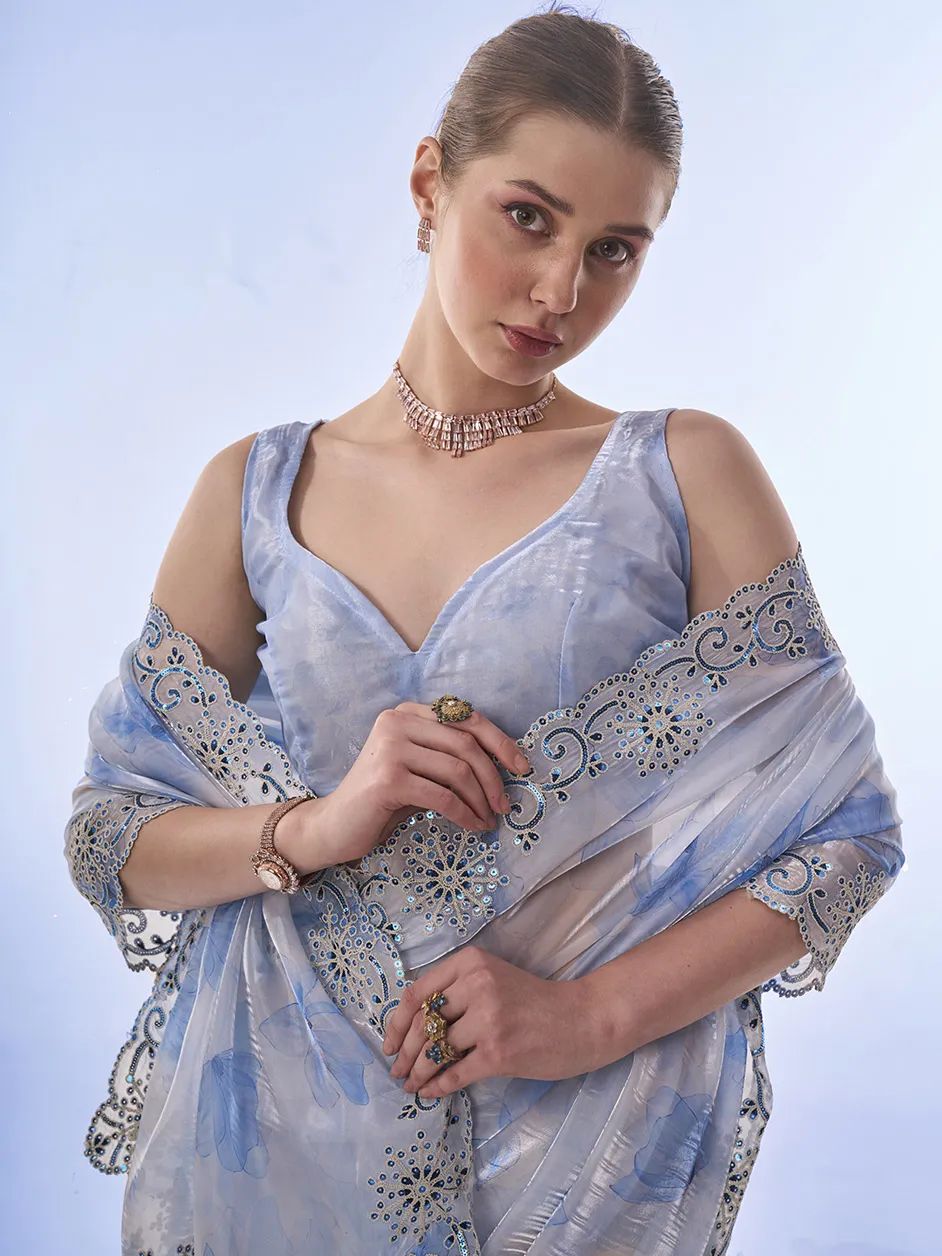 White & Blue  Soft Space Silk with Printed Sequins Embroidery Work Saree