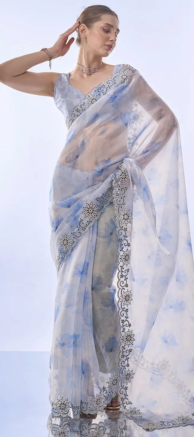 White & Blue  Soft Space Silk with Printed Sequins Embroidery Work Saree