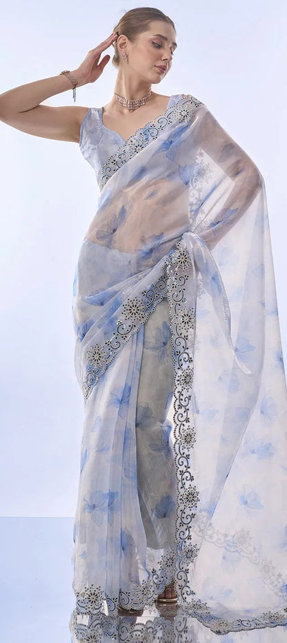 White & Blue  Soft Space Silk with Printed Sequins Embroidery Work Saree