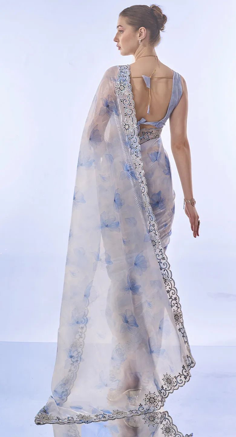 White & Blue  Soft Space Silk with Printed Sequins Embroidery Work Saree