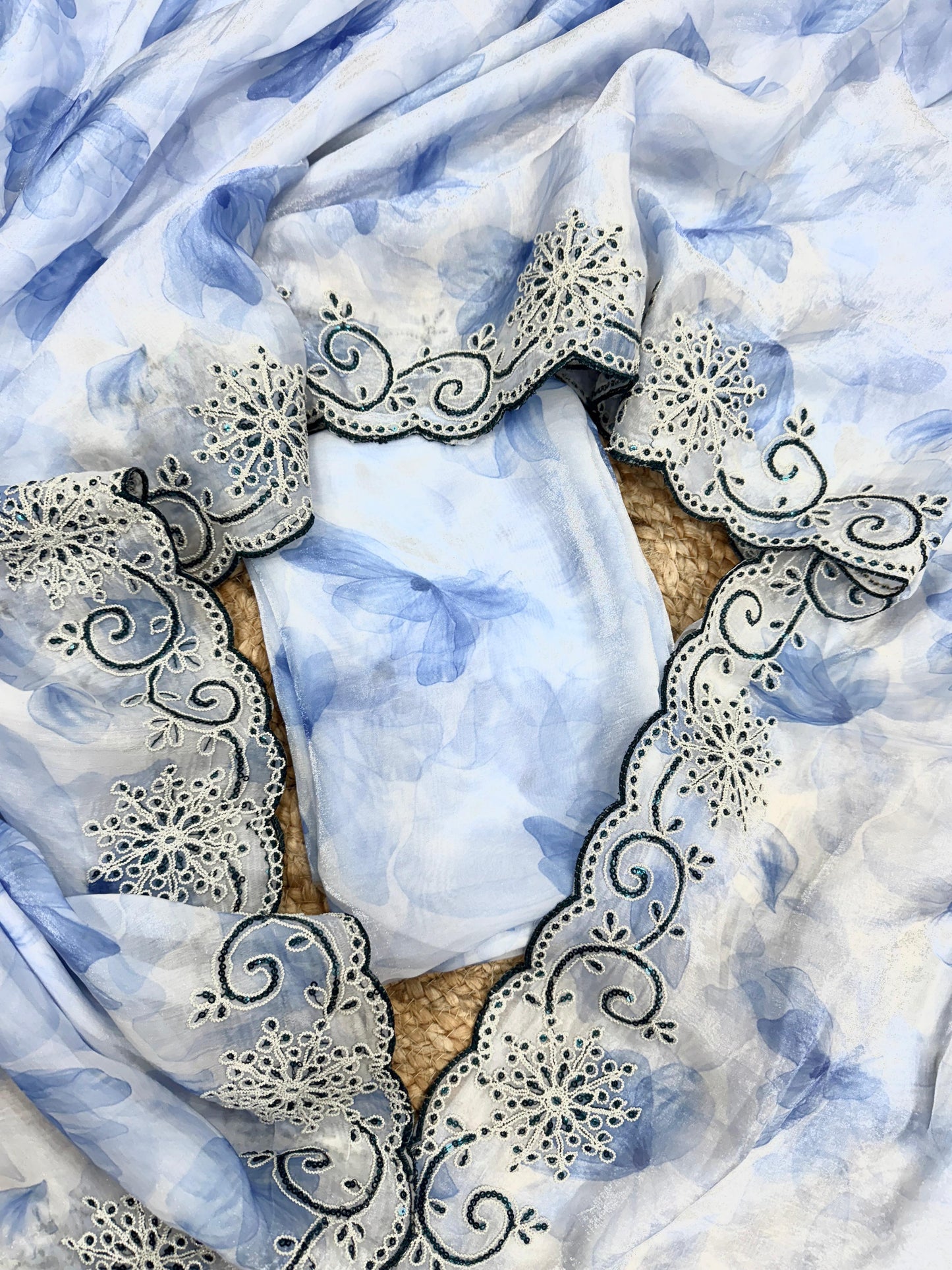 White & Blue  Soft Space Silk with Printed Sequins Embroidery Work Saree