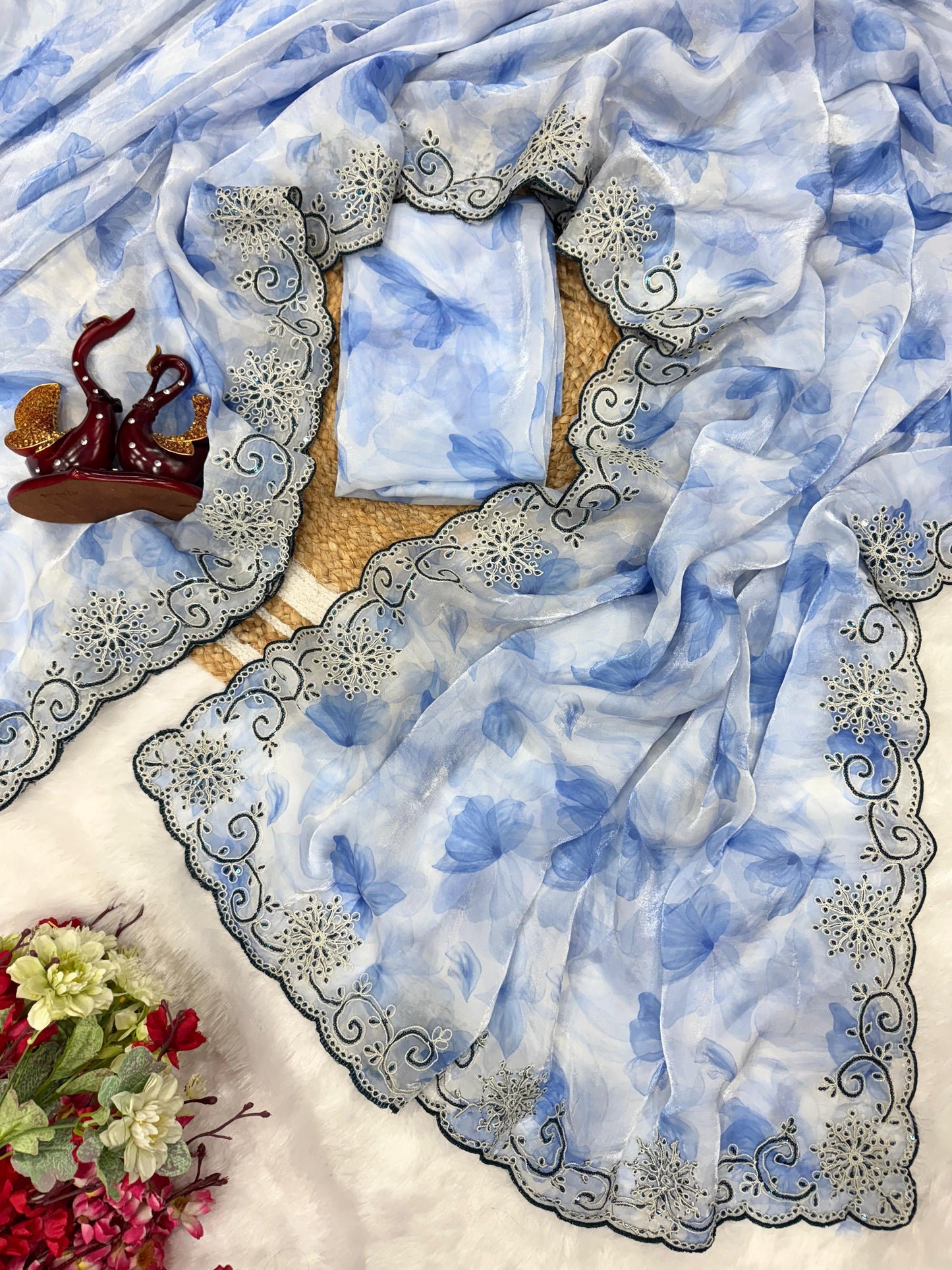 White & Blue  Soft Space Silk with Printed Sequins Embroidery Work Saree