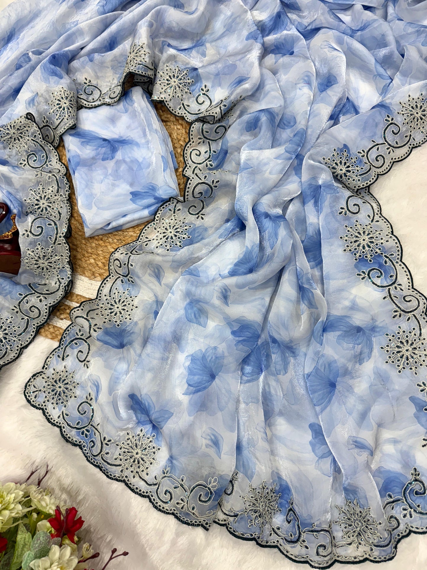 White & Blue  Soft Space Silk with Printed Sequins Embroidery Work Saree