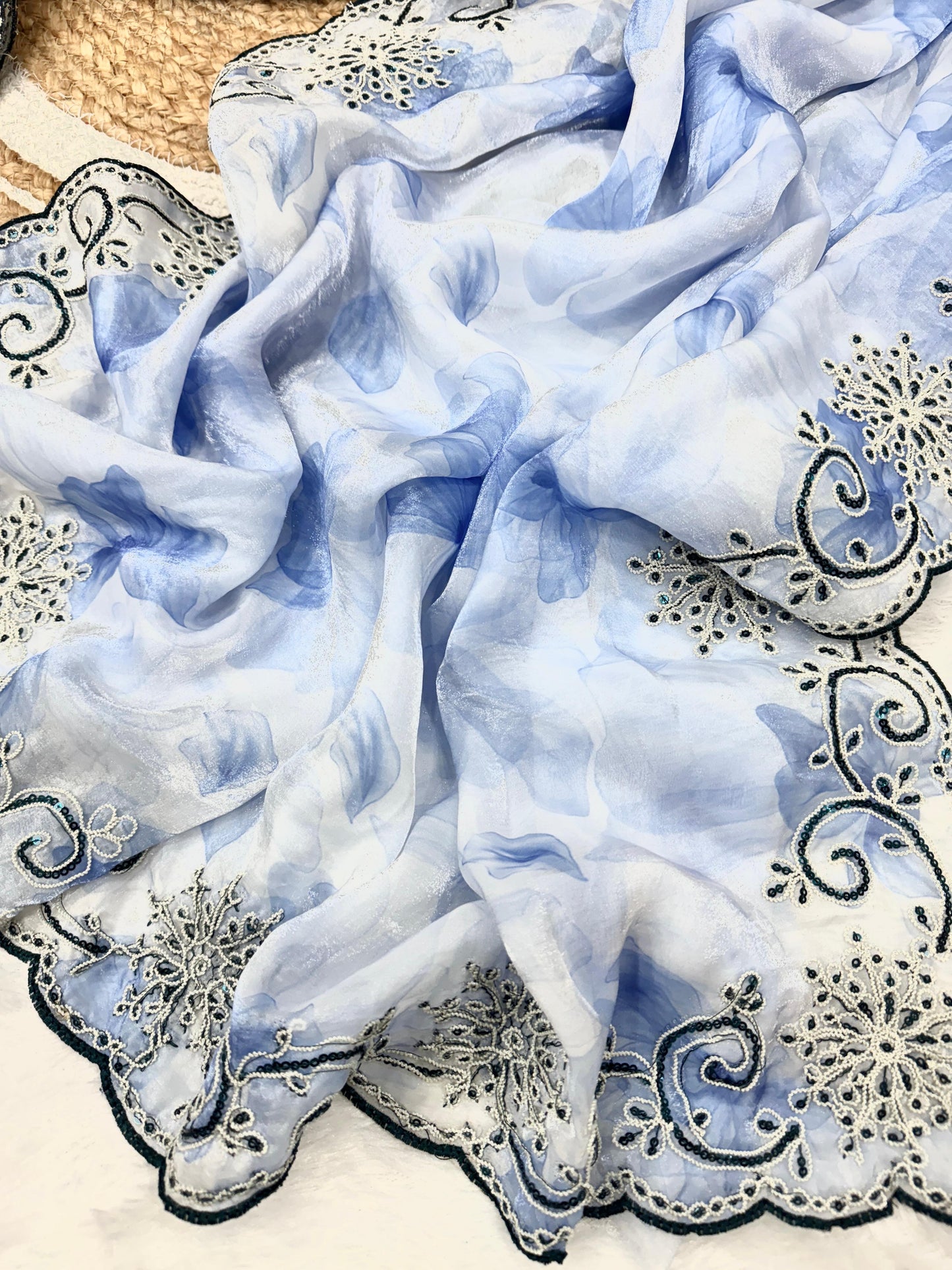 White & Blue  Soft Space Silk with Printed Sequins Embroidery Work Saree