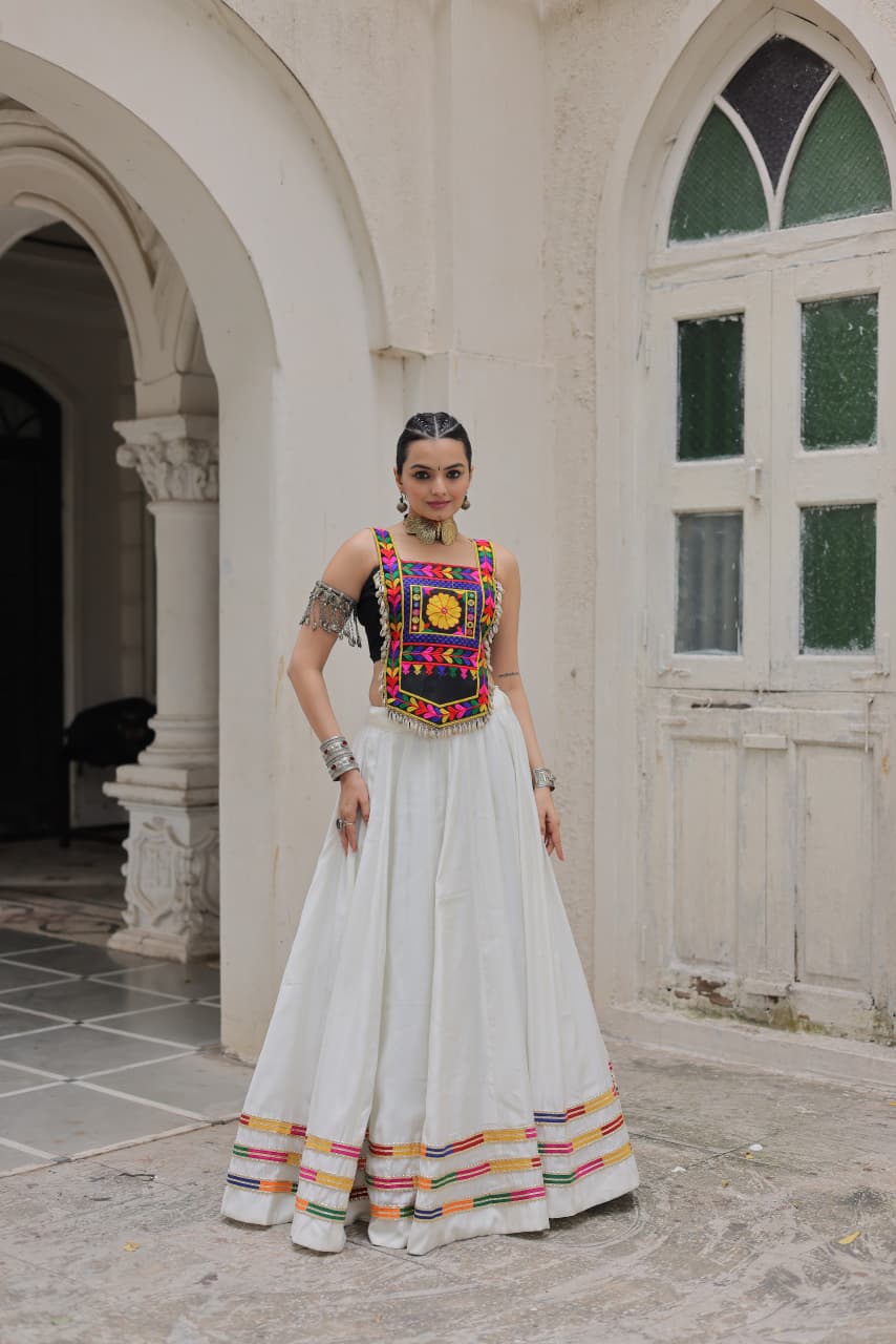 Black Roman Satin with Kutchi Gamthi Embroidery Lehenga Top