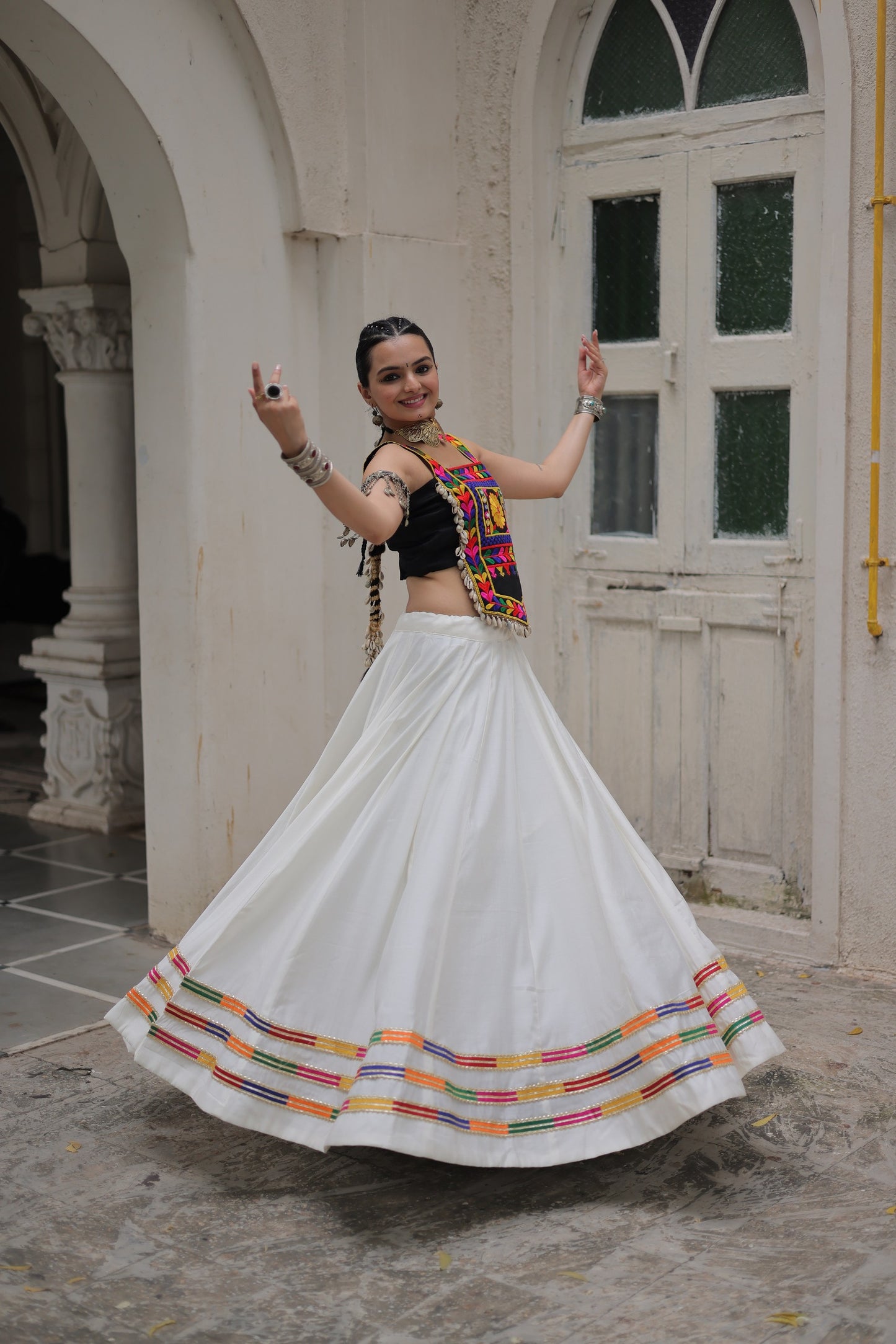 Black Roman Satin with Kutchi Gamthi Embroidery Lehenga Top