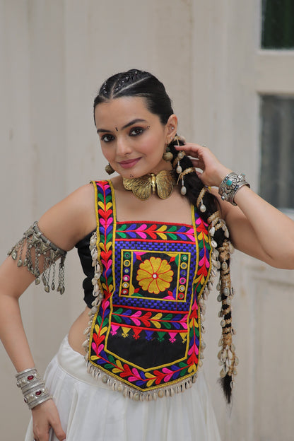 Black Roman Satin with Kutchi Gamthi Embroidery Lehenga Top