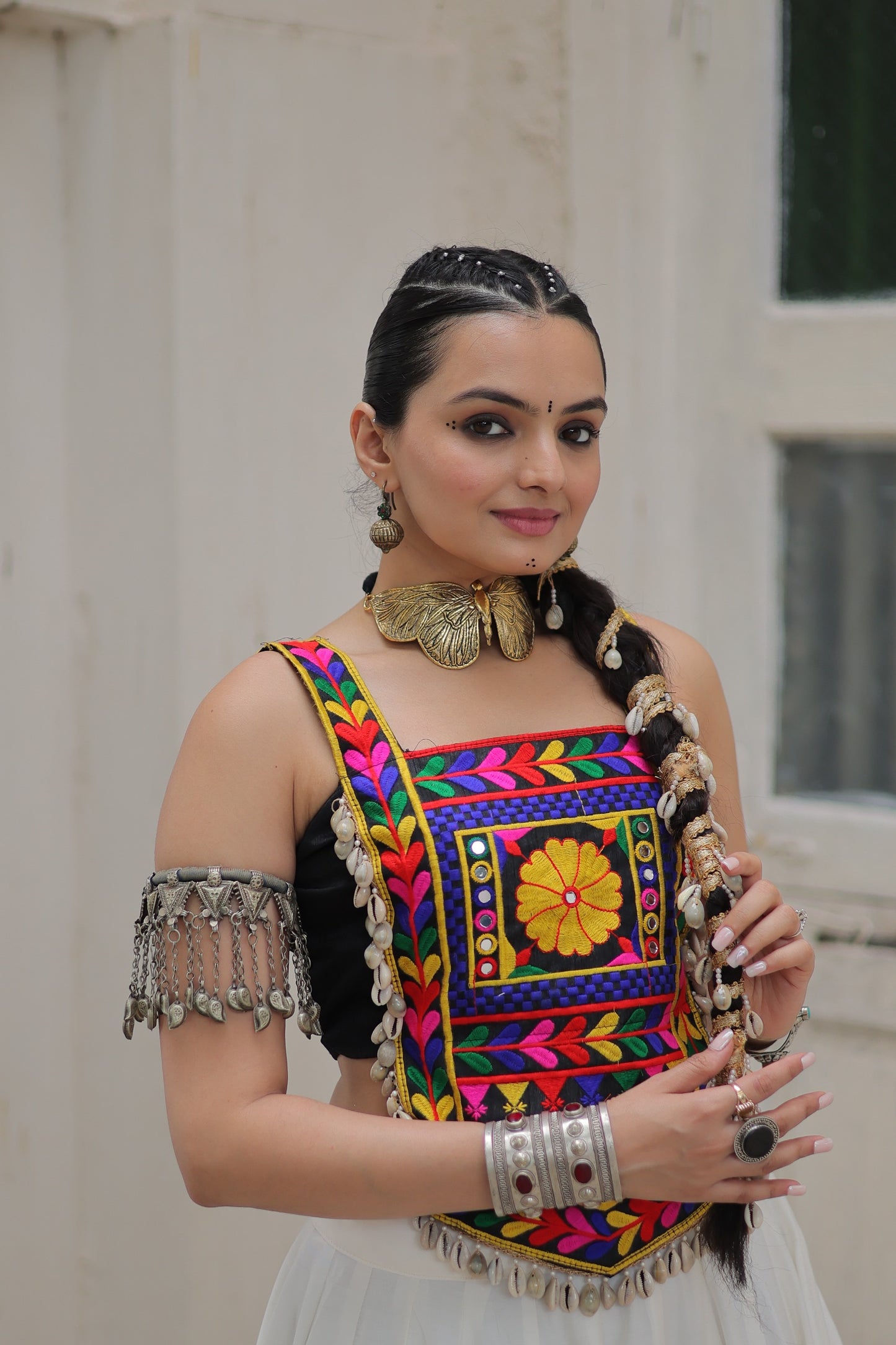 Black Roman Satin with Kutchi Gamthi Embroidery Lehenga Top