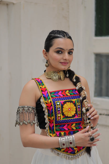 Black Roman Satin with Kutchi Gamthi Embroidery Lehenga Top