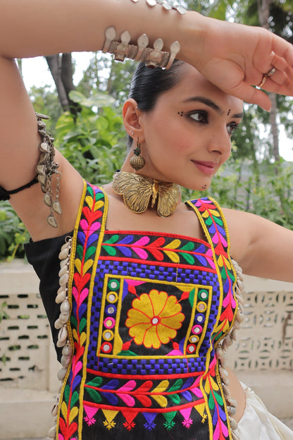 Black Roman Satin with Kutchi Gamthi Embroidery Lehenga Top