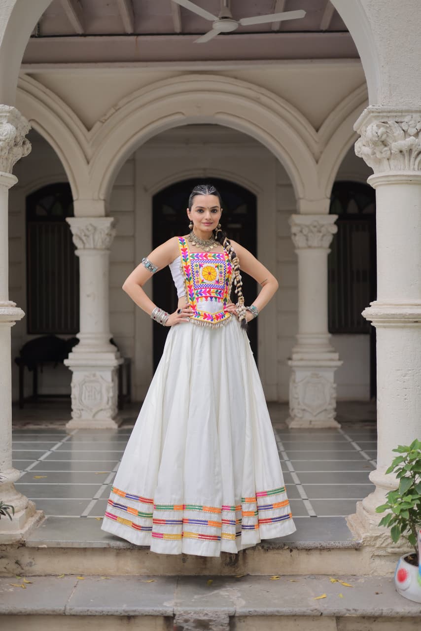 White Roman Satin with Kutchi Gamthi Embroidery Lehenga Top