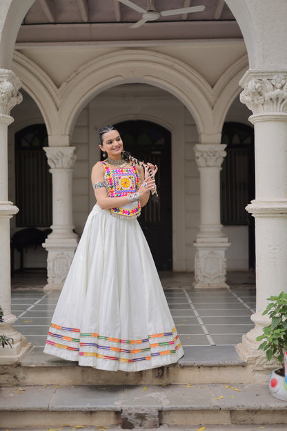 White Roman Satin with Kutchi Gamthi Embroidery Lehenga Top