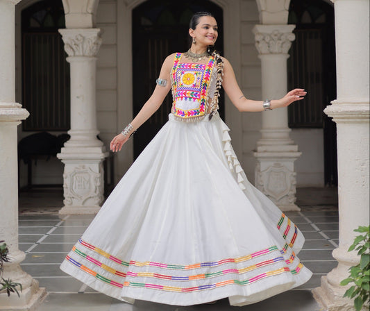 White Roman Satin with Kutchi Gamthi Embroidery Lehenga Top
