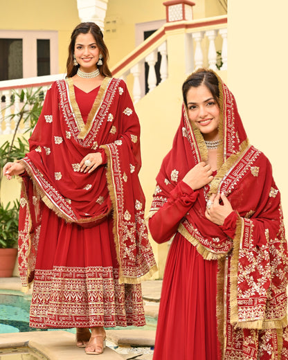 Red Faux Blooming  Zari & Sequins Work Gown With Dupatta