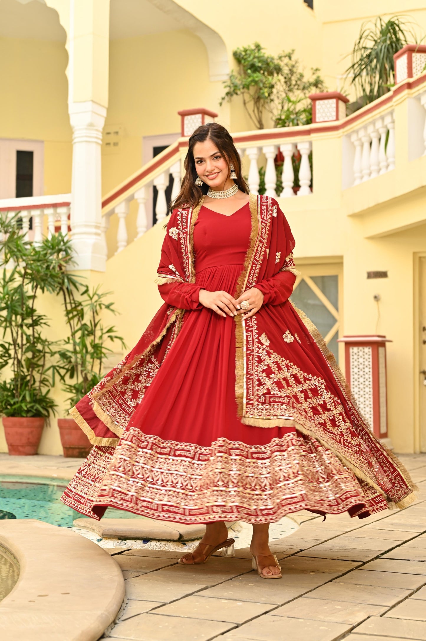Red Faux Blooming  Zari & Sequins Work Gown With Dupatta