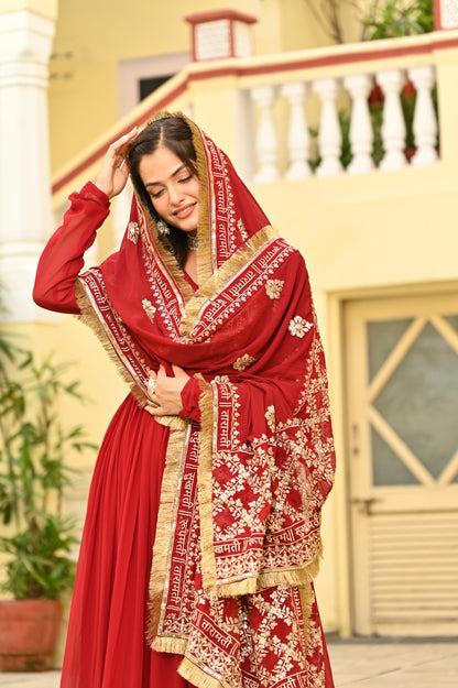 Red Faux Blooming  Zari & Sequins Work Gown With Dupatta