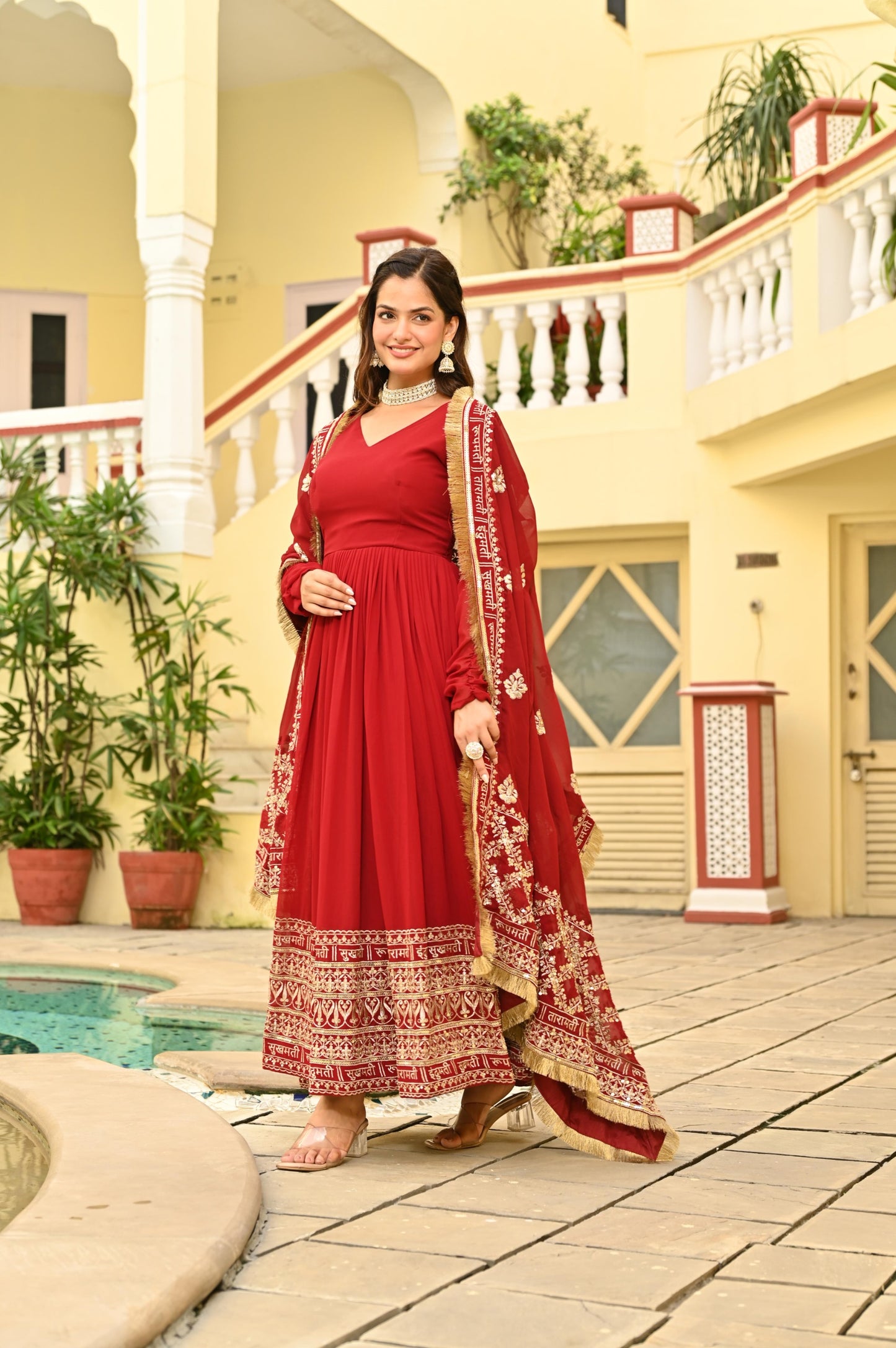 Red Faux Blooming  Zari & Sequins Work Gown With Dupatta