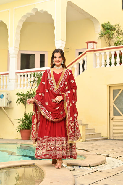 Red Faux Blooming  Zari & Sequins Work Gown With Dupatta